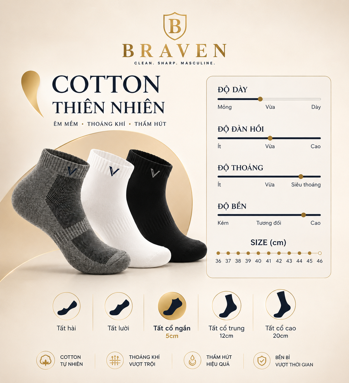 BRAVEN COTTON COMFORT 5 PACK – Combo 5 Đôi Tất Nam Cotton Cao Cấp, Thấm Hút Mồ Hôi, Thoáng Khí Êm Chân