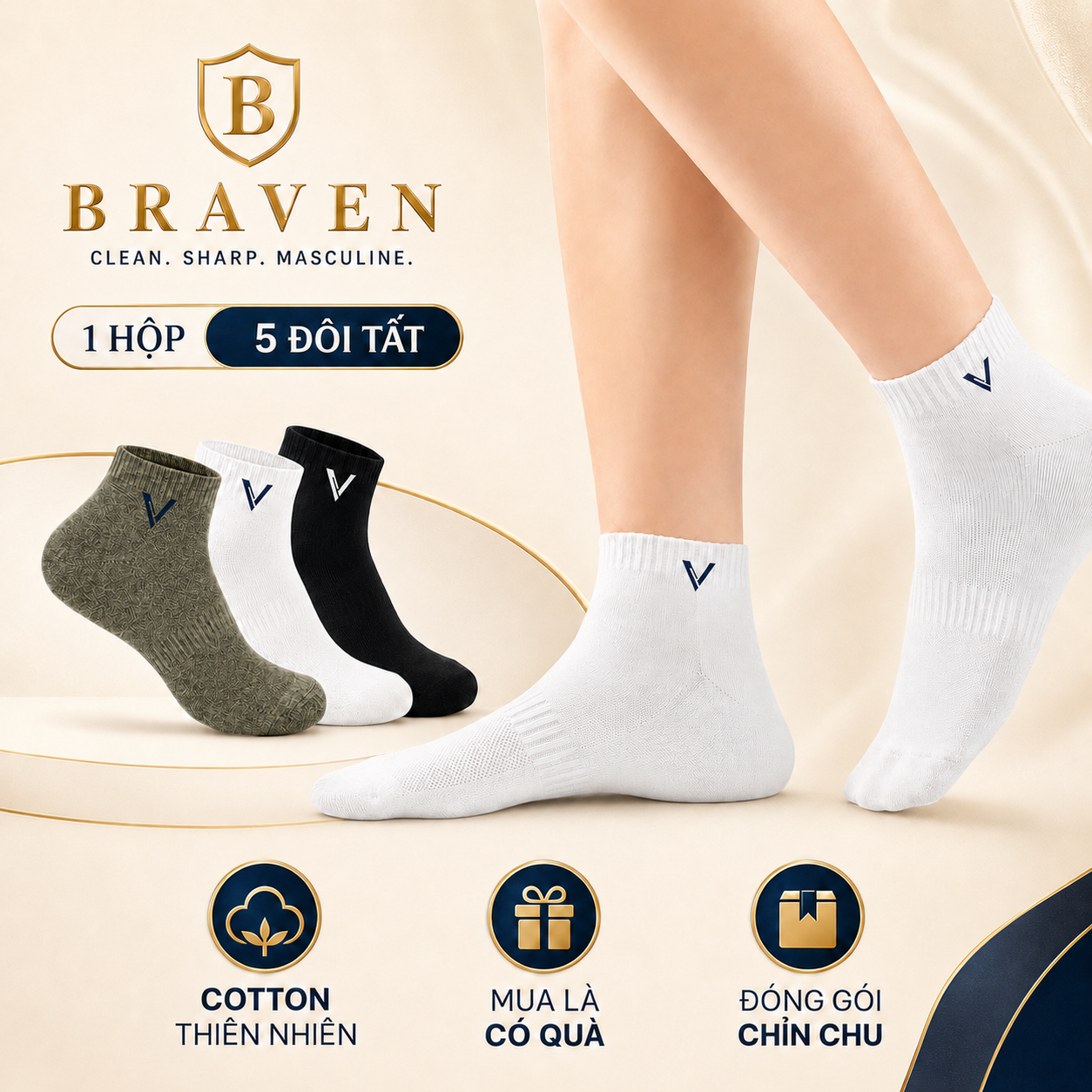 BRAVEN COTTON COMFORT 5 PACK – Combo 5 Đôi Tất Nam Cotton Cao Cấp, Thấm Hút Mồ Hôi, Thoáng Khí Êm Chân