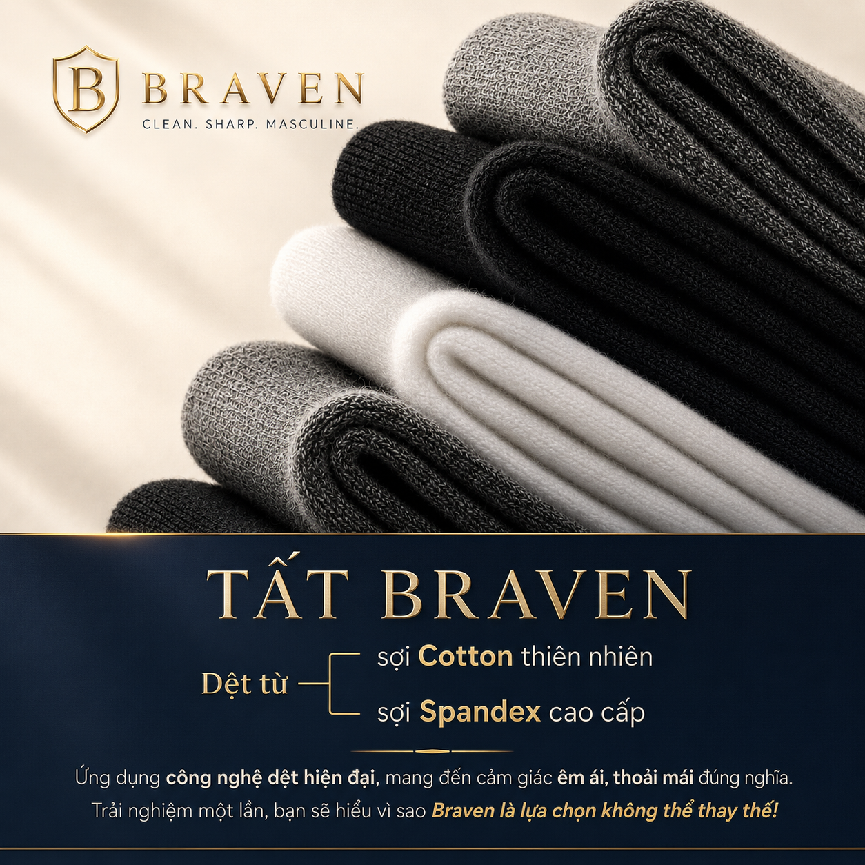 BRAVEN COTTON COMFORT 5 PACK – Combo 5 Đôi Tất Nam Cotton Cao Cấp, Thấm Hút Mồ Hôi, Thoáng Khí Êm Chân